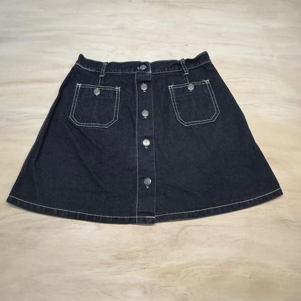Y2K MGR Button-Front Denim Mini Skirt Black Vintage USA‎ Made A-Line Size 11